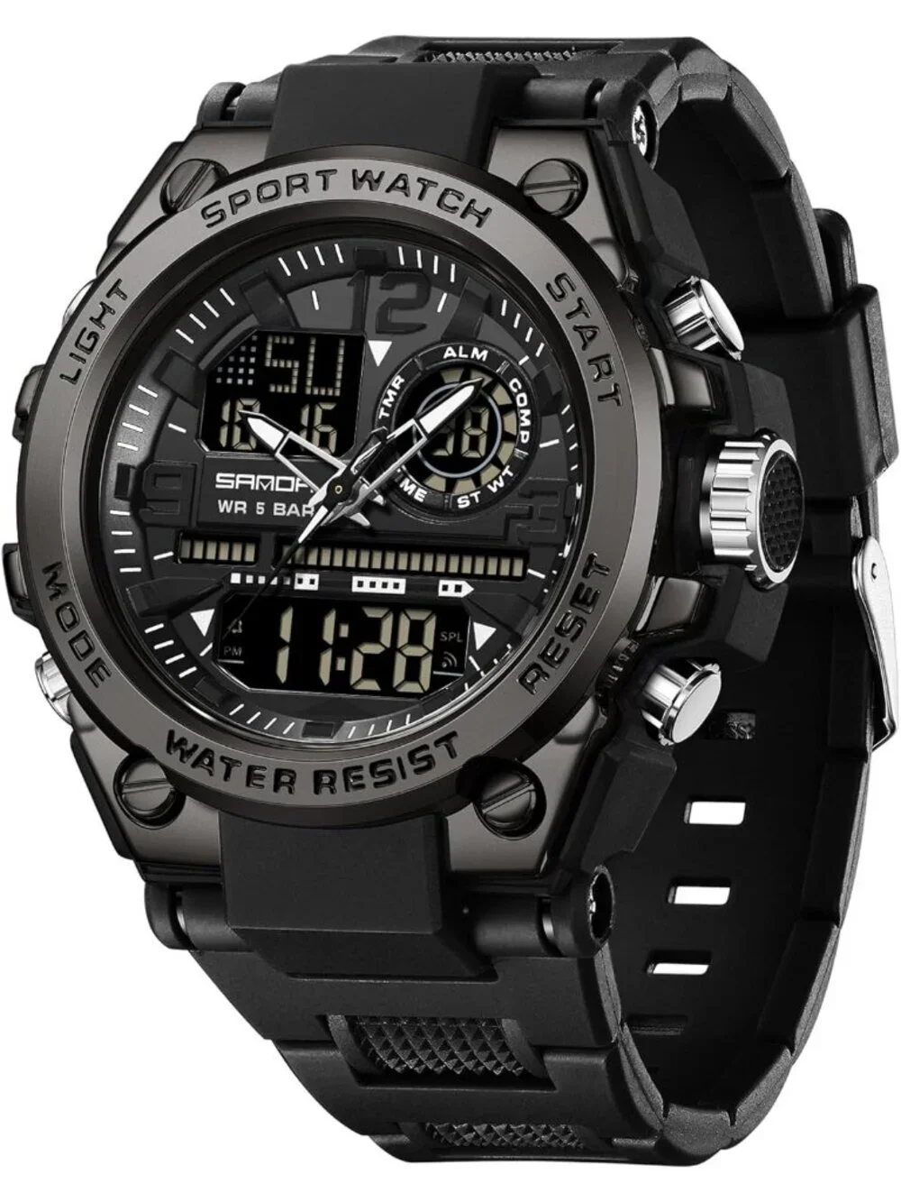 Men All Black Analog Quartz Sports Outdoor Waterproof Military LED Digital Watch